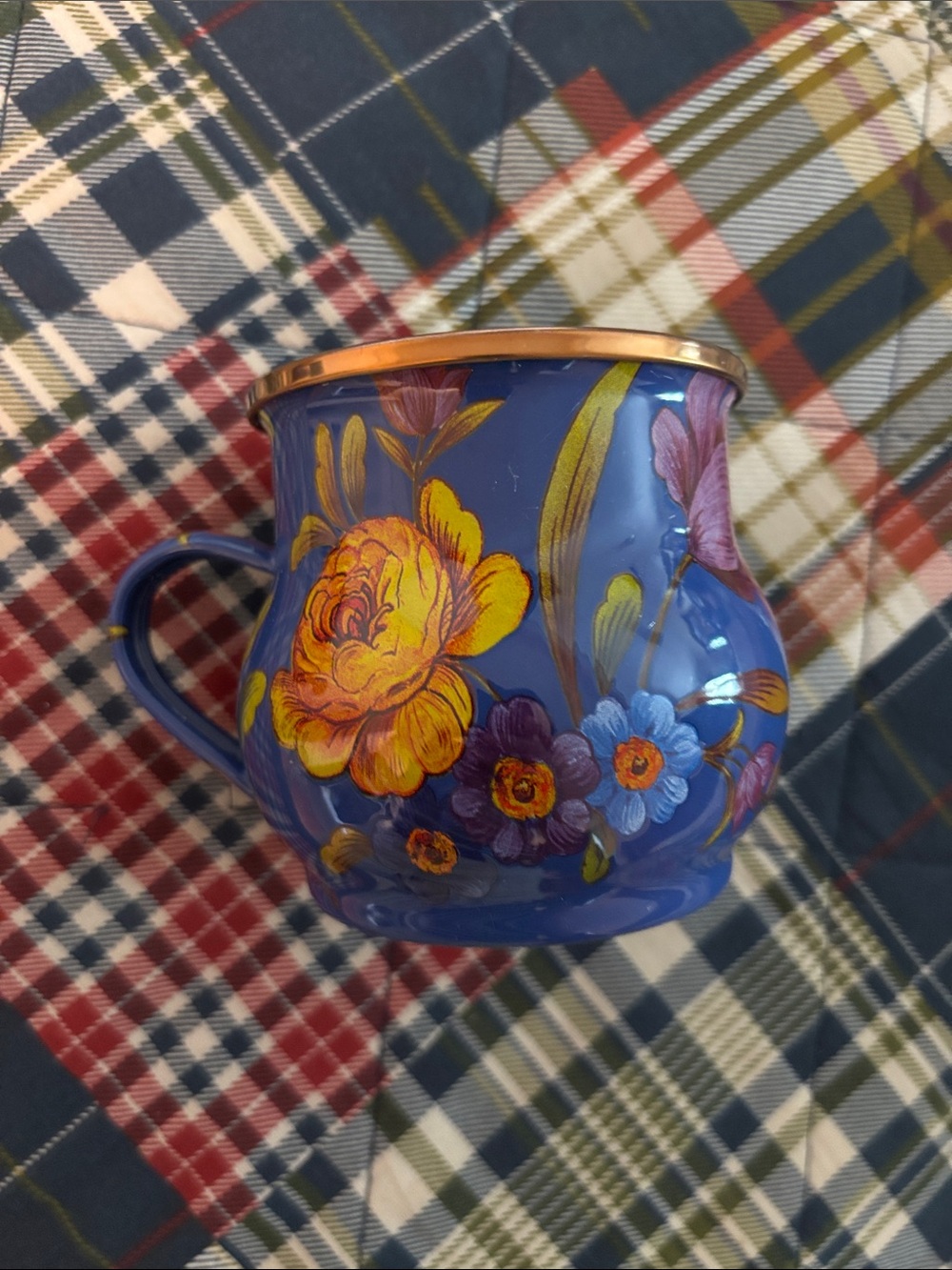 MacKenzie-Childs Blue Floral Mug with Gold Trim